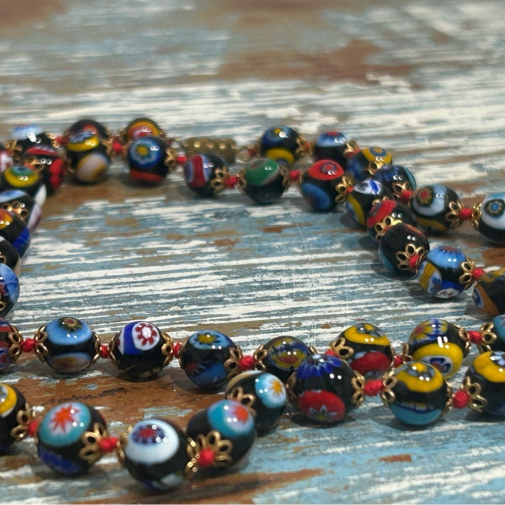 Vintage Murano Millefiori glass bead necklace, 28 inches - Picture 2 of 7